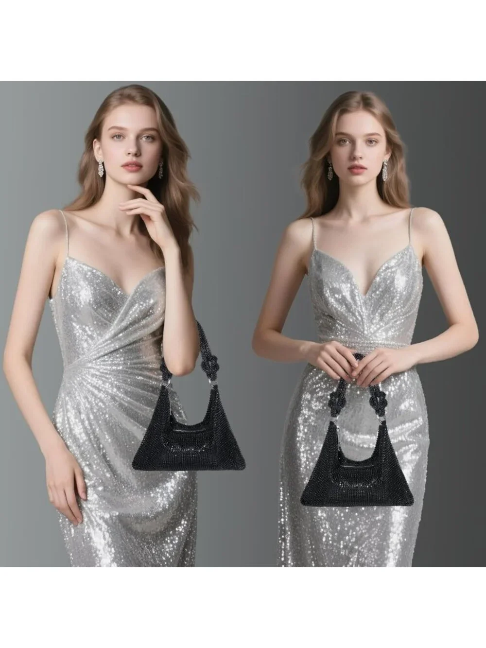 Women’s Black Rhinestone Mesh Clutch Evening Handbag Wedding Party Purse
